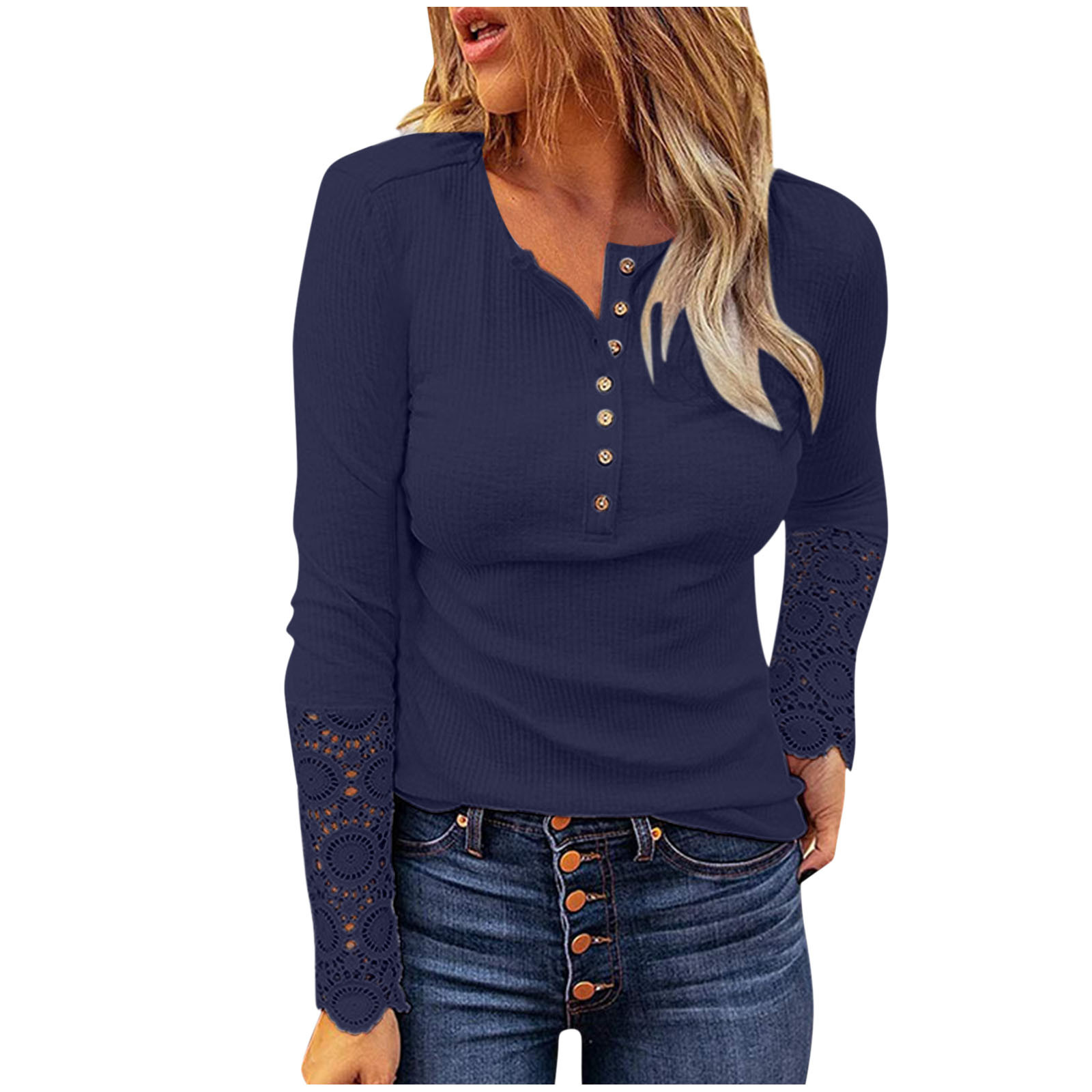 thumbnail image 1 of Camisa túnica de manga larga con cuello en V y botones delanteros para mujer, blusa lisa de poliéster, informal de otoño, tallas US S-XXL, aviso de medición manual, 1 of 8